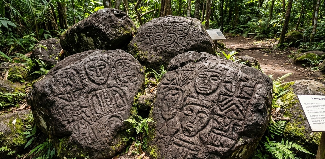 Illustration d’un village taïno en Guadeloupe précolombienne, carbets au cœur de la forêt