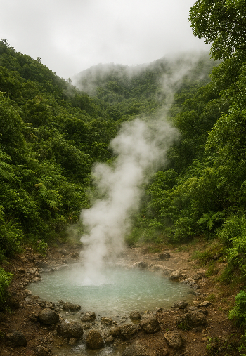 Sources chaudes naturelles en Guadeloupe, bassins fumants au cœur de la jungle